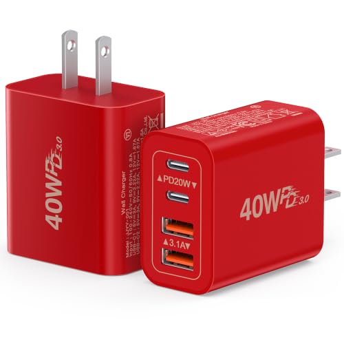 [2Pack] 40W USB C Wall Charger, Super Fast Charging Block PD+QC 4 Port Charger Cube for iPhone 17/16,iPad Pro/Mini/Air, iPod Nano, iPod Touch, Switch, Smart Phone, Smartwatches and Tablet(Red) - color: 40W 2Pack Red