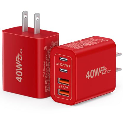 [2Pack] 40W USB C Wall Charger, Super Fast Charging Block PD+QC 4 Port Charger Cube for iPhone 17/16,iPad Pro/Mini/Air, iPod Nano, iPod Touch, Switch, Smart Phone, Smartwatches and Tablet(Red) - color: 40W 2Pack Red