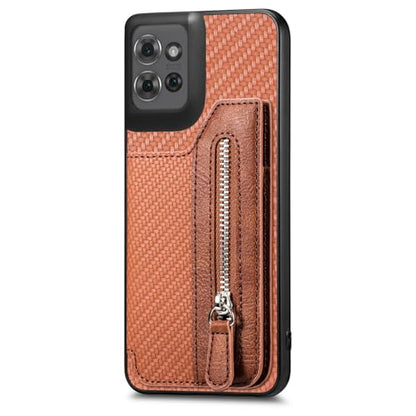for Motorola Moto G Power 2026 Wallet Case with Card Holder, Slim | Shockproof Protective Phone Cases for Women, Carbon Fiber Pattern Design, Built-in 4 Credit Card Slots and 1 Zipper Pocket - color: Brown
