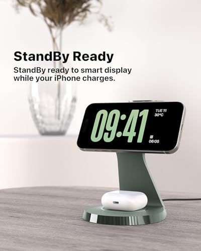 3 in 1 Charging Station for Apple Devices, Mag-Safe Charger Stand Fast Charging, Wireless Charger for iPhone 16/15/14/13/12 Series, & AirPods, & iWatch (USB-C Charger Included) - color: Green