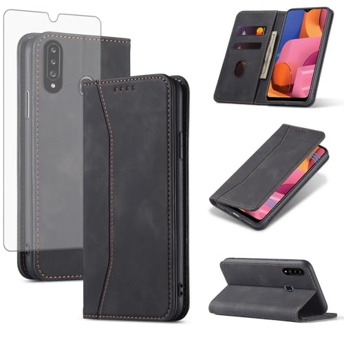 Asuwish Flip Wallet Phone Case for Samsung Galaxy A20s with Tempered Glass Screen Protector Magnetic Closure Folio Cover Credit Card Holder Slot Stand Cell Accessories A 20s Plus A207M Women Black - color: Black