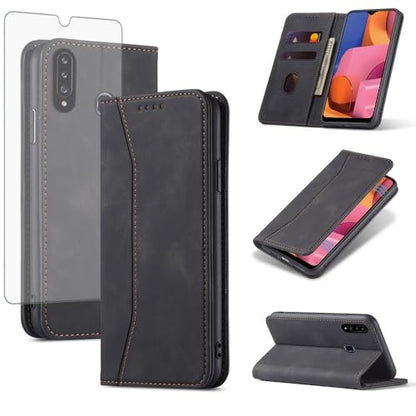 Asuwish Flip Wallet Phone Case for Samsung Galaxy A20s with Tempered Glass Screen Protector Magnetic Closure Folio Cover Credit Card Holder Slot Stand Cell Accessories A 20s Plus A207M Women Black - color: Black