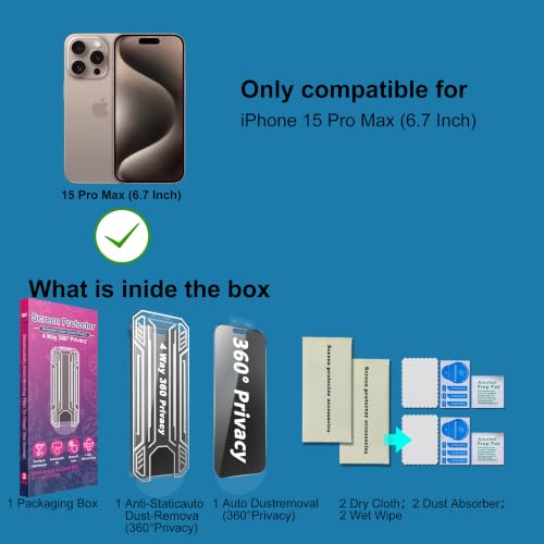 [2 Pack 4 Way Privacy Screen Protector for iPhone 15 Pro Max, Anti-Spy Tempered Glass, 9H Hardness Shatterproof, 3D Curved Edges, Case-Friendly, Bubble-Free Easy Installation - size: for 15 Pro Max