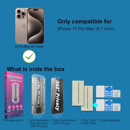 [2 Pack 4 Way Privacy Screen Protector for iPhone 15 Pro Max, Anti-Spy Tempered Glass, 9H Hardness Shatterproof, 3D Curved Edges, Case-Friendly, Bubble-Free Easy Installation - size: for 15 Pro Max