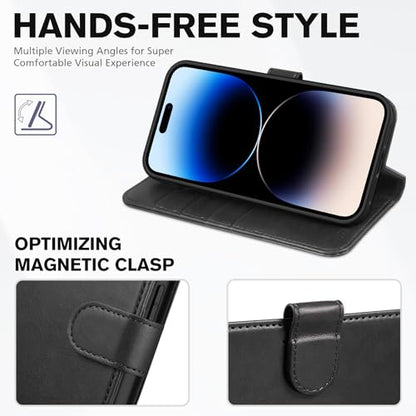 TUCCH Wallet Case for iPhone 14 Pro (6.1") 2022, 4 Card Slots, Black | RFID Blocking, Viewing Stand, Shockproof TPU Shell, PU Leather, Magnetic Closure, Protective Folio Flip Cover - color: Black