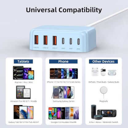 100W 6 in 1 USB Charger, 50% Smaller Charging Station for Multiple Devices - color: Light Blue