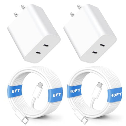 Phone 16 15 Charger Fast Charging, 2 Pack 20W Dual Port Speed Charger USB C Charger Block with 10FT/6FT Long USB C to C Charging Cable Cord Compatible with iPhone 15 16 Pro/Plus/Pro Max,Pad Pro,White