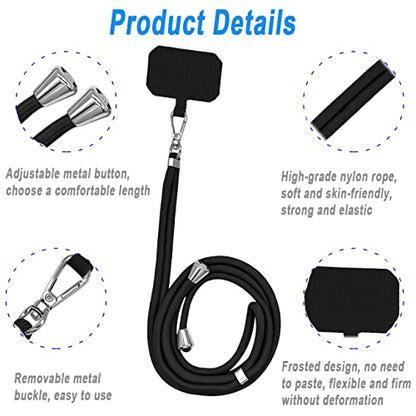 4 Pack Universal Phone Lanyard, Adjustable Nylon Neck Strap Cell Phone Crossbody Lanyards Straps + 6 Pcs Phone Patches, Detachable Strap Safety Tether & Pads for Most Smartphone, Black/White/Grey/Blue - color: Black,white,blue,grey