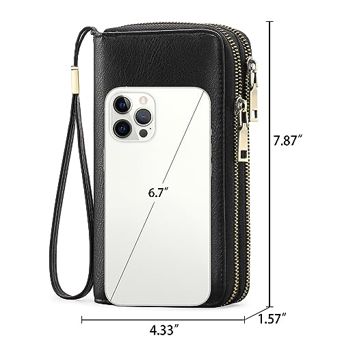 GAEKEAO RFID Leather Wristlet Wallet for Women with Grip Strap | Large capacity clutch wallet, credit card holder, wrist strap, zipper purse, travel and shopping - color: A03 Retro Black
