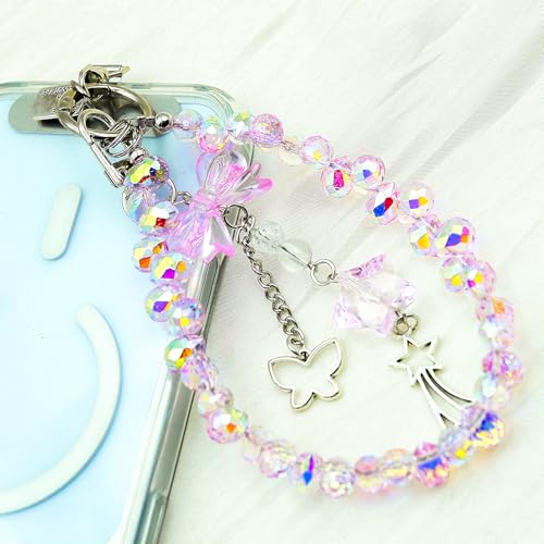 Crystal Beaded Phone Wrist Strap, Cute Cellphone Lanyard Chain, Bow Keychain Wristlet Bag Charms for Women - color: Pink