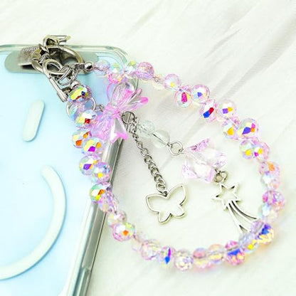 Crystal Beaded Phone Wrist Strap, Cute Cellphone Lanyard Chain, Bow Keychain Wristlet Bag Charms for Women - color: Pink