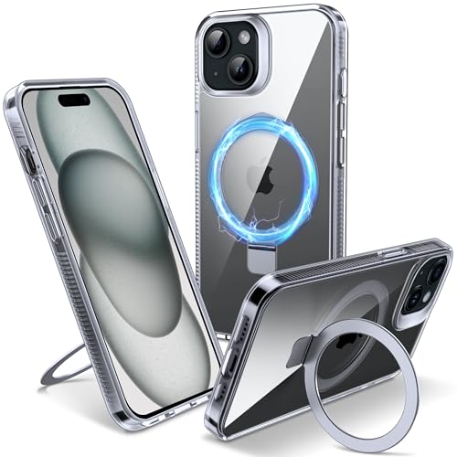 Magnetic Case for iPhone 15 - [Built-in Invisible Stand] [Compatible with MagSafe] [Military Grade Drop Protection] Anti-Yellowing Hard Back Silicone Edge Cover, 6.1", Clear - color: Clear, size: iPhone 15 6.1''