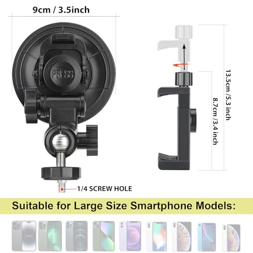 Heavy Duty Φ90mm Suction Cup + Adjustable Dual-Ball-Head Action Camera Dash Cam Phone Car Mount Windscreen Window Cockpit Holder for iPhone GoPro insta360 Video Recording (1.5kg Load)