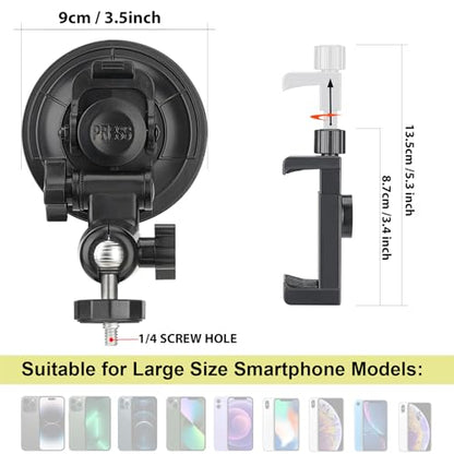 Heavy Duty Φ90mm Suction Cup + Adjustable Dual-Ball-Head Action Camera Dash Cam Phone Car Mount Windscreen Window Cockpit Holder for iPhone GoPro insta360 Video Recording (1.5kg Load)