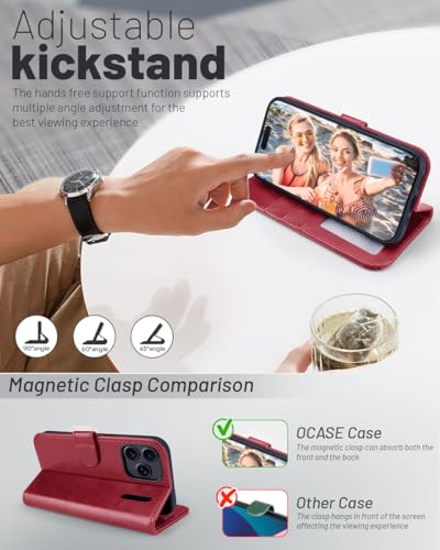OCASE Compatible with iPhone 17 Pro Wallet Case, PU Leather Flip Folio Case with Card Holders RFID Blocking Kickstand [Shockproof TPU Inner Shell] Phone Cover 6.3 Inch 2025, Red | Card Slot Magnetic Stand Function RFID Blocker Shockproof Leather Case - co