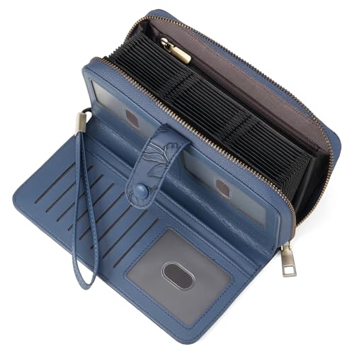 SENDEFN Women's Credit Card Holder RFID Blocking Zip Around Leather Wallet Large Capacity Long Purse with Wristlet - color: Deep Blue