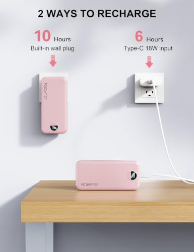 Nusyddy Portable Charger 20000mAh Fast Charging w/Built-in Wall Plug Pink - color: Magenta