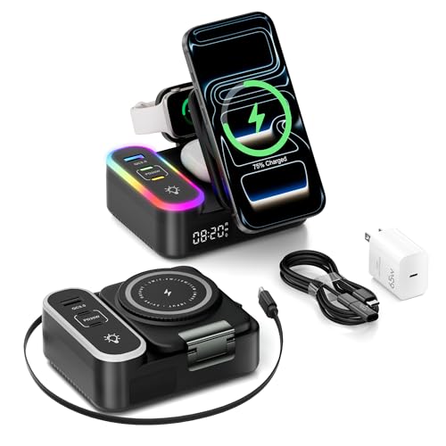8-in-1 Foldable Wireless Charging Station for Apple Devices with Clock, 65W - color: Black