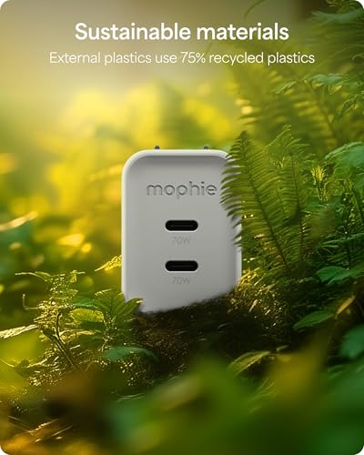 Mophie Speedport 70 GAN USB-C Charger Block - 70W Fast Wall Charger, 2× USB‑C PD Ports, Compact Foldable Prongs, Made with Recycled Materials, for Smartphones, Tablets, Headphones - style: 70W