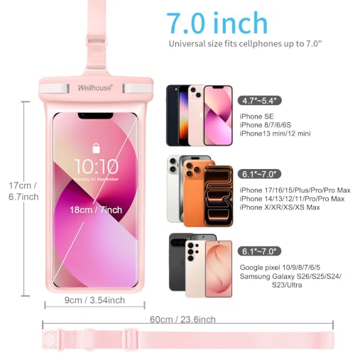 wellhouse 3D Waterproof Phone Pouch with Lanyard,Premium TPU100FT Deep Waterproof Phone Case for iPhone 17 16 15 14 13 12 Pro Max XS Samsung,Snorkeling, Surfing, Kayaking,Skiing,Hot Springs - color: 1 Pack - Pink7.0"