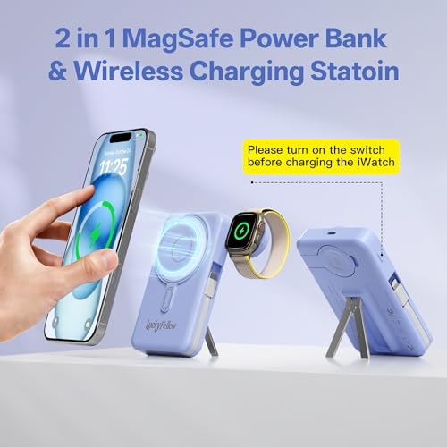 Magnetic Portable Charger Built-in Cables,10000mAh Fast Charging Wireless Charger Station External Battery Pack Slim Pocket Size Power Bank with Stand Compatible with iWatch, iPhone - color: Dark Blue