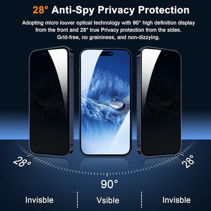 QHOHQ 3 Pack Privacy Screen Protector for iPhone 15 Pro Max [6.7 Inch] with 3 Pack Camera Lens Protector, Anti Spy Tempered Glass Film, 9H Hardness, HD, Bubble Free, Case Friendly - Black - size: iPhone 15 Pro Max 6.7 Inch