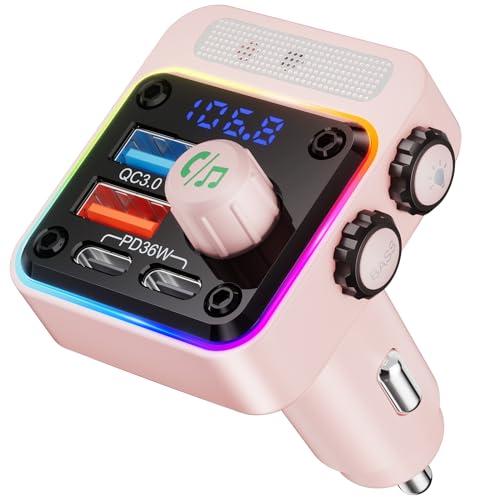 Nulaxy 54W Bluetooth 5.3 Car Adapter, FM Transmitter 4-Port Fast Charging - color: Pink