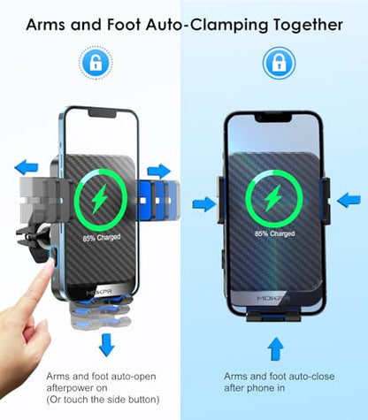 Wireless Car Charger 15W Fast Charging Auto-Clamping Air Vent Phone Mount - color: Blue Arm