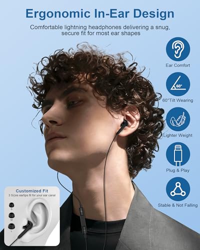 iPhone 14 Headphones Wired Earbuds with Lightning Connector MFi Certified - color: Black-1 Pack