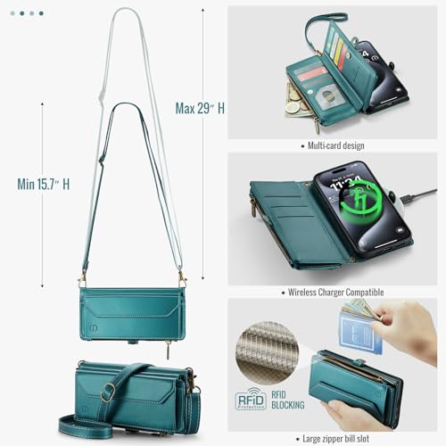 Strapurs for iPhone 15 Pro Max - Zipper Strap Wallet Case Women, Blue Green | RFID Blocking 10-Card Holder, Shoulder Lanyard, Wirst Strap, Zipper Pocket, Magnetic Snap, Soft PU Leather, Phone Flip Cover - color: Blue Green, size: iPhone 15 Pro Max - 6.7"
