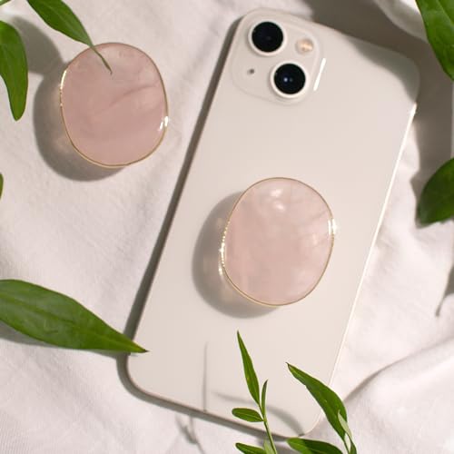 Natural Gemstone Phone Grip Collapsible Cell Phone Holder & Expanding Kickstand, Authentic Oval Crystal with Gold Edge (Rose Quartz, Adheisve Base) - color: Rose quartz