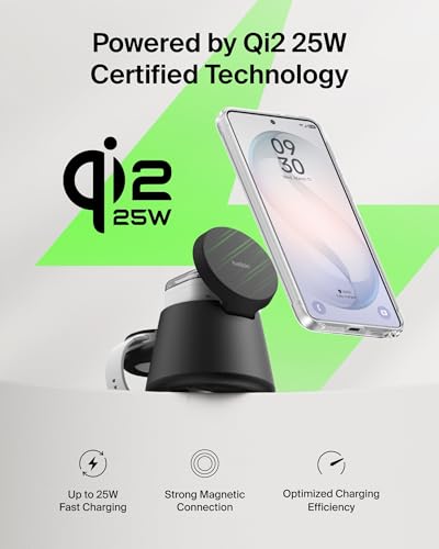 Belkin Qi2.2 25W Magnetic Wireless Charging Station, 3 in 1 Samsung Charger - color: Black