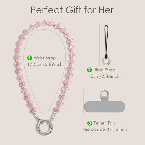 SURPHY Phone Charm, Handmade Beaded Phone Wrist Strap with Tether Tab - color: C- Crystals Pink