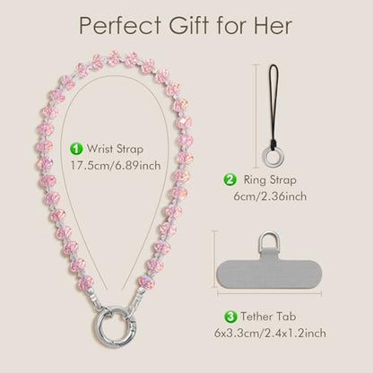 SURPHY Phone Charm, Handmade Beaded Phone Wrist Strap with Tether Tab - color: C- Crystals Pink