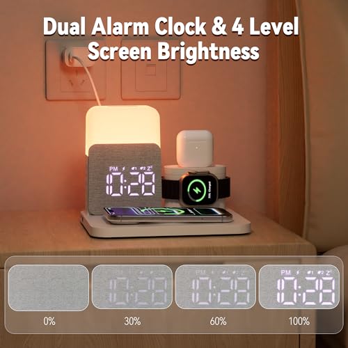 7 in 1 Wireless Charging Station, 25W Charger with Alarm Clock Night Light - color: White