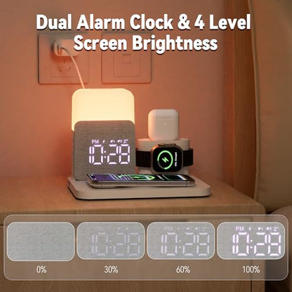 7 in 1 Wireless Charging Station, 25W Charger with Alarm Clock Night Light - color: White