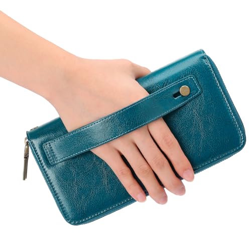 GAEKEAO RFID Leather Wristlet Wallet for Women with Grip Strap | Large capacity clutch wallet, credit card holder, wrist strap, zipper purse, travel and shopping - color: A08 Wax Peacock Blue