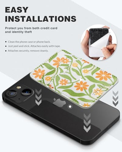 VULKIT Stick on Card Holder Compatible for iphone Leather Cell Phone Wallet Credit Card Case Strong Sticker for Women - color: Daisy Floral