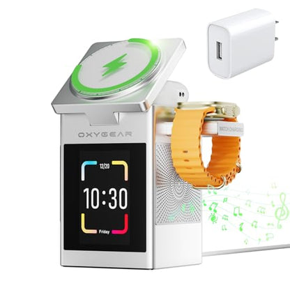 7-in-1 Magnetic Wireless Charging Station with Bluetooth Speaker & 2.4" Touchscreen, 15W Fast Charging Dock for iPhone 18-12 Series, iWatch & AirPods, Alarm Clock, White Noise for Desk, 20W Adapter - color: Silver-S5
