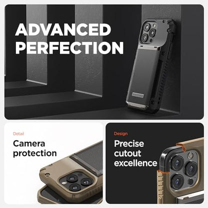 VRS DESIGN Compatible with iPhone 15 Pro Max Case with Card Holder [Damda Glide Pro], Sturdy Semi Auto 4-Card Slot, High Durability & Style Designed for iPhone 15 Pro Max (2023) Groove Khaki - color: Khaki, size: iPhone 15 Pro Max
