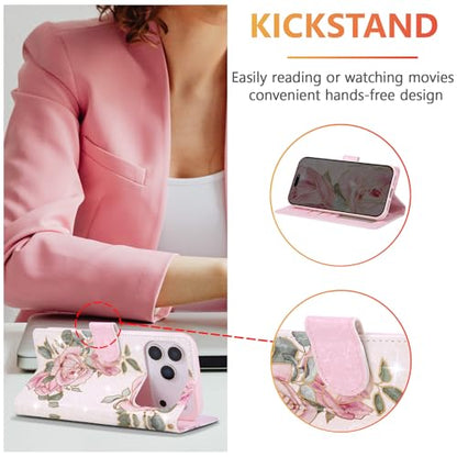 UEEBAI Wallet Case for iPhone 17 Pro Max, PU Leather Phone Cover Kickstand RFID Blocking Flip Case Card Slots Wrist Strap Relief Engraved Pattern Magnetic Closure Flower Folio Wallet, White Rose - color: White Rose, size: iPhone 17 Pro Max