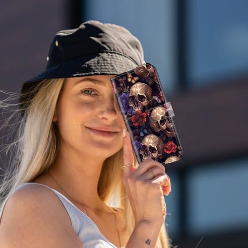 Wallet Case for Samsung Galaxy S25 Ultra with RFID Blocking Credit Card Holder, Flip PU Leather Magnetic Closure Wrist Strap Phone Cover for Samsung Galaxy S25 Ultra, Gothic Skulls Floral