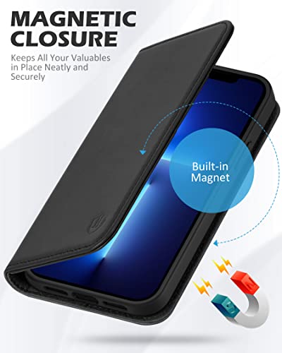 SHIELDON Genuine Leather Wallet Case for iPhone 13 Pro 6.1" 2021, Black | Magnetic Closure, RFID Blocking, Credit Card Holder, Kickstand, Folio Book Design, Shockproof Phone Cover - color: Black