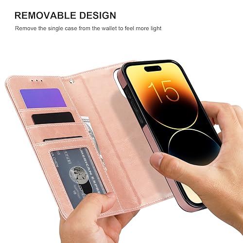 Bocasal Detachable Wallet Case Card Holder for iPhone 15 Pro Max Rose Gold | RFID Blocking Kickstand Card Slots Holder PU Leather Magnetic Shockproof Wrist Strap Removable Flip Protective Cover 6.7 inch - color: Rose Gold