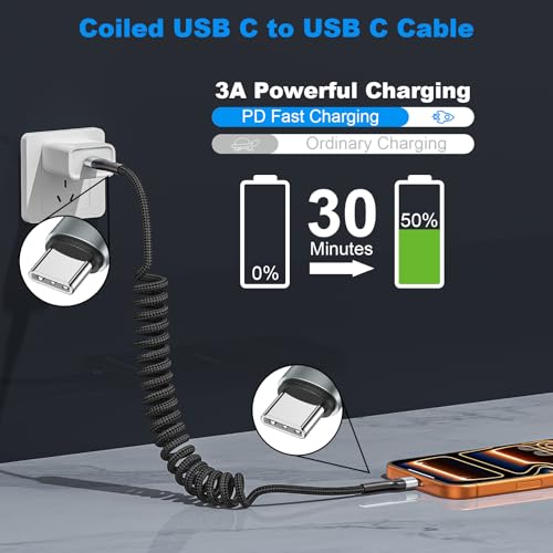 USB C Cable 3ft 2Pack Coiled USB C to C Fast Charging Cable Nylon Braided