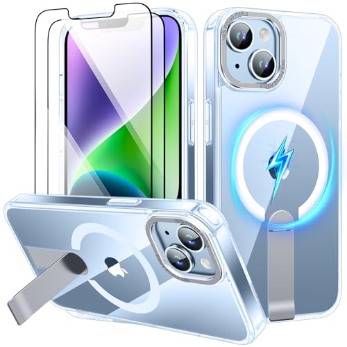 for iPhone 13 Clear Case/iPhone 14 Clear Case, with 2 HD Screen Protectors, Magnetic & Compatible with MagSafe for iPhone 13 Case, Invisible Stand, Slim & Clear Case for iPhone 14/13, Clear - color: Clear, size: iPhone 13/14 6.1"