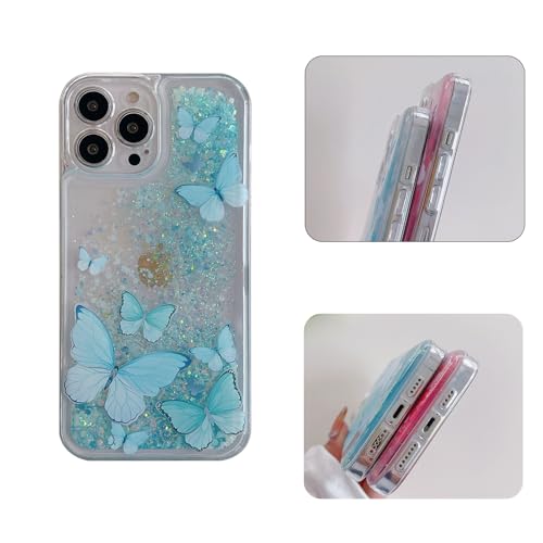 Compatible with iPhone 13 Glitter Butterfly Case Glow in The Dark Women Girls Girly Bling Sparkle Flowing Quicksand Light up Case Soft TPU Bumper Luminous Clear Phone Cover, Blue - color: Blue, size: iPhone 13