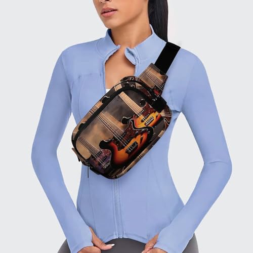 Cool Electric Guitar Fanny Packs for Women Men Double Layer Fashion Waist Pack Adjustable Belt Bag with Pockets Small Crossbody Bags for Running Hiking Workout Travel Daily Use