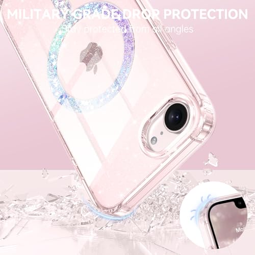 DUEDUE for iPhone 17E/16E Case Magnetic[Compatible with MagSafe], Clear Glitter Anti-Yellowing Bling Sparkle Transparent Phone Case for iPhone 17E/16E 6.1", Clear/Glitter