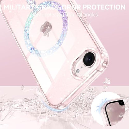 DUEDUE for iPhone 17E/16E Case Magnetic[Compatible with MagSafe], Clear Glitter Anti-Yellowing Bling Sparkle Transparent Phone Case for iPhone 17E/16E 6.1", Clear/Glitter